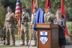 Paratroopers assigned to the 82nd Airborne Division and members of the 9th Infantry Division Association attend a memorial service on Fort Bragg, North Carolina, October 1, 2021.  The 76th Annual Reunion Memorial Service honored the 9th Infantry Division which served on Fort Bragg during World War II. (U.S. Army Photo by Spc. Jacob Moir)