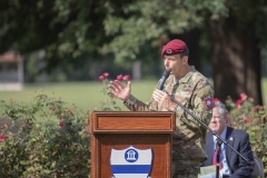 Paratroopers assigned to the 82nd Airborne Division and members of the 9th Infantry Division Association attend a memorial service on Fort Bragg, North Carolina, October 1, 2021.  The 76th Annual Reunion Memorial Service honored the 9th Infantry Division which served on Fort Bragg during World War II. (U.S. Army Photo by Spc. Jacob Moir)