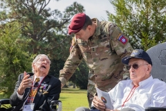 Paratroopers assigned to the 82nd Airborne Division and members of the 9th Infantry Division Association attend a memorial service on Fort Bragg, North Carolina, October 1, 2021.  The 76th Annual Reunion Memorial Service honored the 9th Infantry Division which served on Fort Bragg during World War II. (U.S. Army Photo by Spc. Jacob Moir)