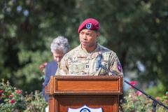 Paratroopers assigned to the 82nd Airborne Division and members of the 9th Infantry Division Association attend a memorial service on Fort Bragg, North Carolina, October 1, 2021.  The 76th Annual Reunion Memorial Service honored the 9th Infantry Division which served on Fort Bragg during World War II. (U.S. Army Photo by Spc. Jacob Moir)
