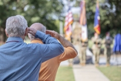 Paratroopers assigned to the 82nd Airborne Division and members of the 9th Infantry Division Association attend a memorial service on Fort Bragg, North Carolina, October 1, 2021.  The 76th Annual Reunion Memorial Service honored the 9th Infantry Division which served on Fort Bragg during World War II. (U.S. Army Photo by Spc. Jacob Moir)