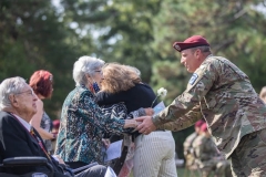 Paratroopers assigned to the 82nd Airborne Division and members of the 9th Infantry Division Association attend a memorial service on Fort Bragg, North Carolina, October 1, 2021.  The 76th Annual Reunion Memorial Service honored the 9th Infantry Division which served on Fort Bragg during World War II. (U.S. Army Photo by Spc. Jacob Moir)